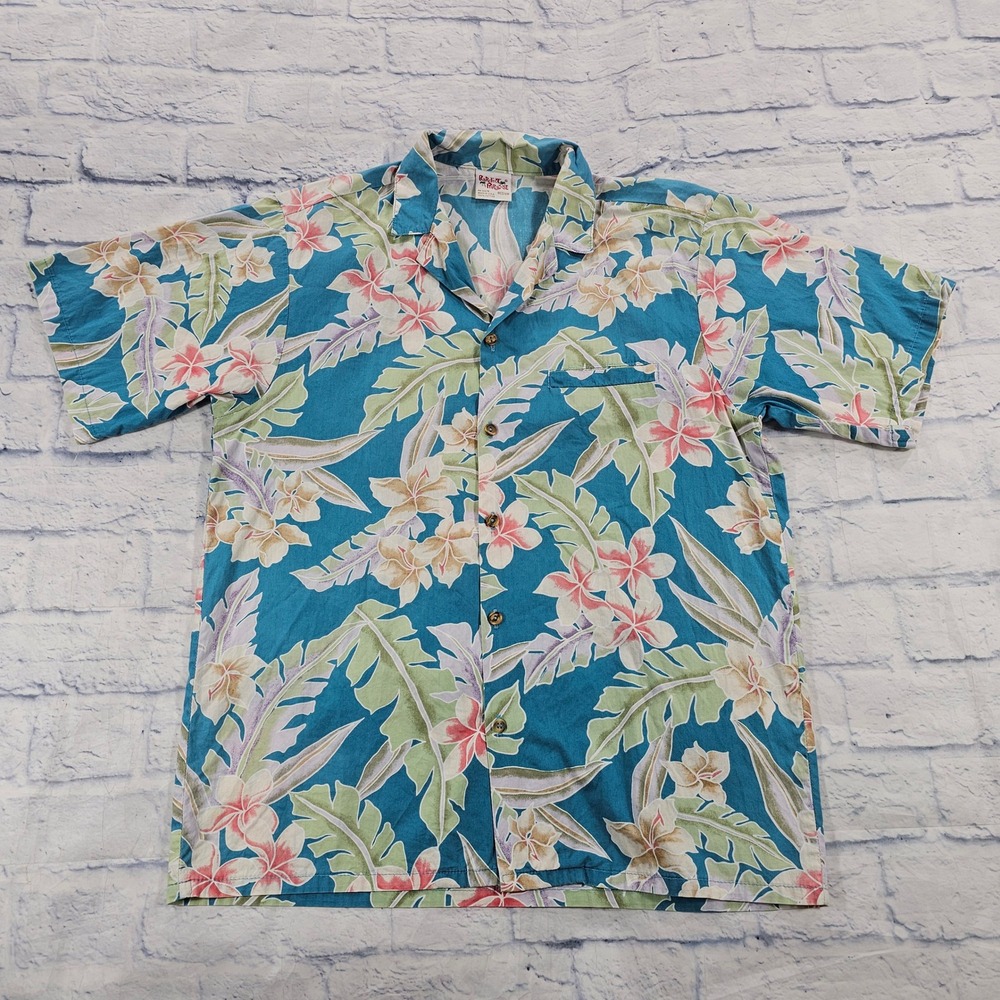 Barefoot in Paradise Button Shirt MENS M Teal Floral Hawaiian Cotton USA VTG